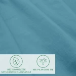 Prześcieradło jersey z elastanem w kolorze błękitnym, rozłożone na płasko. Z materiału o delikatnej fakturze, z gumką zabezpieczającą brzegi. Widoczne oznaczenia dotyczące braku sztucznych substancji i odporności na piling.