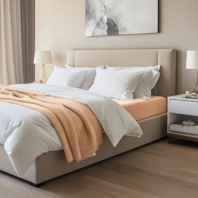 Prześcieradło jersey z elastanem o wymiarach 140x200 cm w kolorze różowym, rozłożone na łóżku z białymi poduszkami i narzutą. Ujęcie z boku ukazuje fakturę materiału oraz sposób, w jaki prześcieradło idealnie dopasowuje się do materaca.