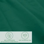 Prześcieradło jersey z elastanem 180x200 w kolorze ciemnozielonym, leżące na płaskiej powierzchni. Widoczna tekstura materiału, oznaczenia dotyczące braku sztucznych substancji i odporności na piling. Tło szare, jednolite.