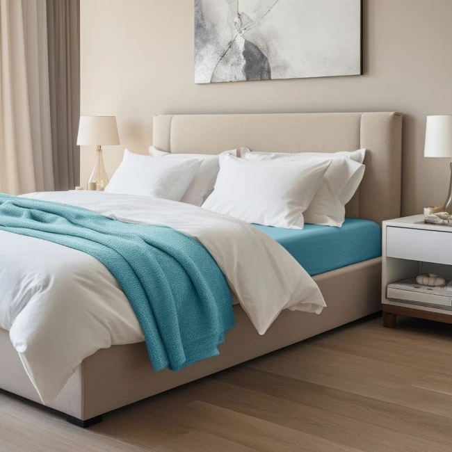 Prześcieradło jersey z elastanem w kolorze niebieskim, rozmiar 200x220 cm, naciągnięte na materac. Produkt leży na łóżku z jasną pościelą i turkusowym kocem. Tło w neutralnych odcieniach, podkreślające kolor prześcieradła.
