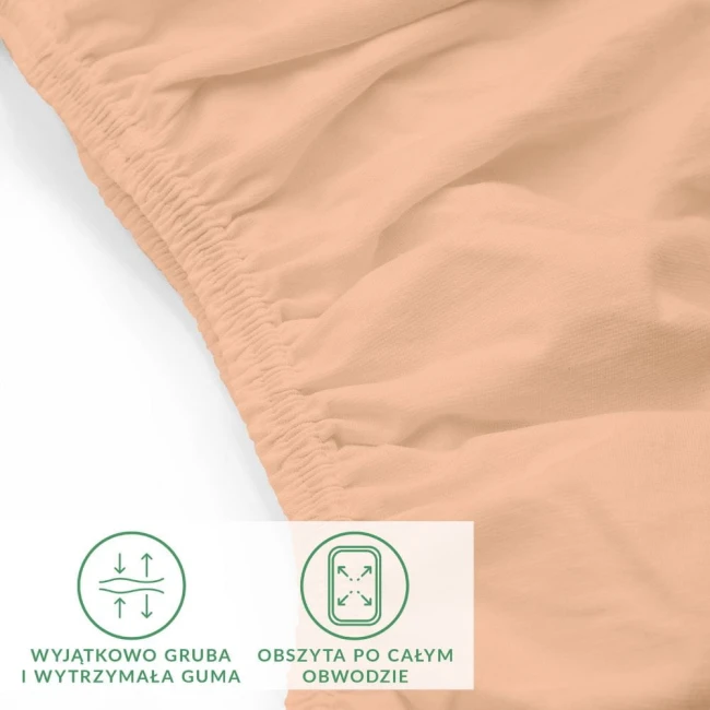 Prześcieradło jersey z elastanem w kolorze różowym, o wymiarach 200x220 cm. Ujęcie w zbliżeniu, pokazujące elastyczną gumkę obwodową i gładką teksturę materiału. W tle wyraźny, biały kolor, zapewniający kontrast.
