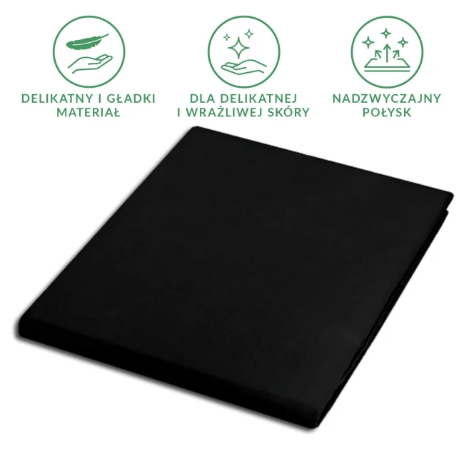 Prześcieradło satynowe bez gumki w rozmiarze 200x220, kolor czarny. Produkt leży na jednolitym tle, pokazując gładką, błyszczącą powierzchnię tkaniny, subtelnie teksturowaną. Brak widocznych napisów lub logo.