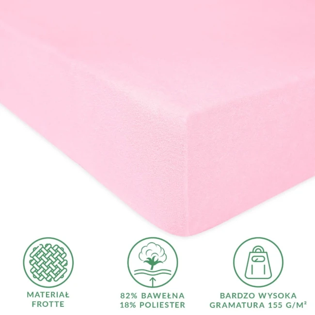 Prześcieradło frotte z gumką 70x140 w kolorze jasnego różu, leżące na prostej powierzchni. Widoczna struktura materiału, złożona z 82% bawełny i 18% poliestru.