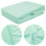 Prześcieradło frotte z gumką w kolorze morskim, rozmiar 200x220. Produkt leży na płasko, z widoczną fakturą materiału. Zbliżenie na gumkę oraz detale tekstury, podkreślające elastyczność i miękkość tkaniny. Tło proste, jednolite.