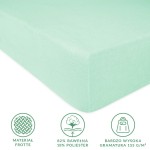 Prześcieradło frotte z gumką 40x90 w kolorze błękitu morskiego, leżące na białym tle. Wykonane z materiału frotte (82% bawełna, 18% poliester) o wysokiej gramaturze 155 g/m². Widoczny fragment górnej krawędzi z gumką do mocowania.