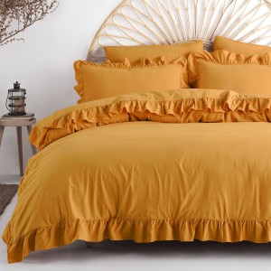 Pościel bawełniana z falbanką 160x200 Stonewashed Exclusive, Narcyz, żółta