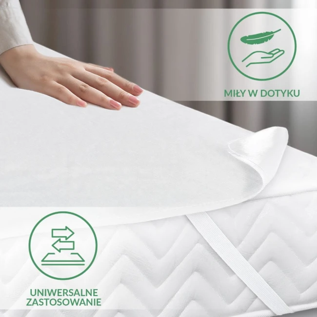 Ochraniacz na materac 200x220 cm w kolorze białym, leżący na materacu. Widoczna miękka faktura materiału, z ręką w dotyku. Prawy brzeg lekko podwinięty, widoczny napis „miły w dotyku” oraz ikona „uniwersalne zastosowanie” w dolnym rogu. Tło stonowane.