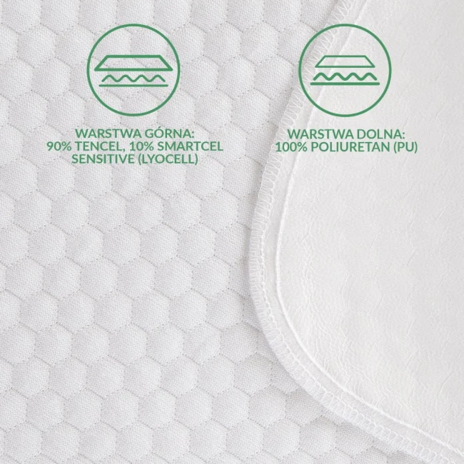 Ochraniacz na materac 200x220 cm, pikowany, w kolorze białym. Wierzchnia warstwa z 90% Tencelu i 10% Smartcel Sensitive, dolna warstwa z 100% poliuretanu. Widoczna struktura w kształcie sześciokątów.