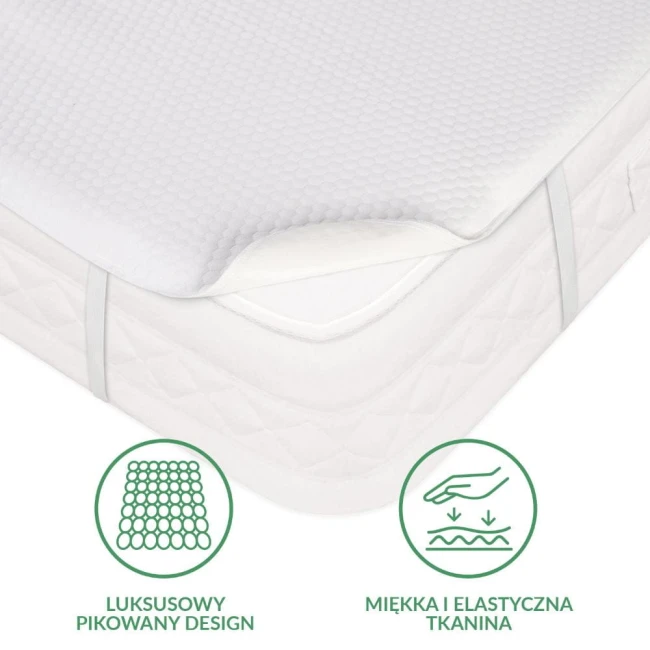 Ochraniacz na materac 180x200, pikowany w kolorze białym, leżący na materacu. Materiał jest miękki i elastyczny z luksusowym, strukturą w kształcie sześciokątów. Widoczne są boki materaca oraz zwinięty róg ochraniacza. Białe tło.