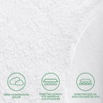 Ochraniacz na materac 200x220 cm w kolorze białym. Wykonany z warstwą górną (67% bawełna, 33% poliester) oraz dolną z poliuretanu. Widok z bliska, uwidaczniający fakturę materiału i szczegóły wykończenia, na jasnym tle.