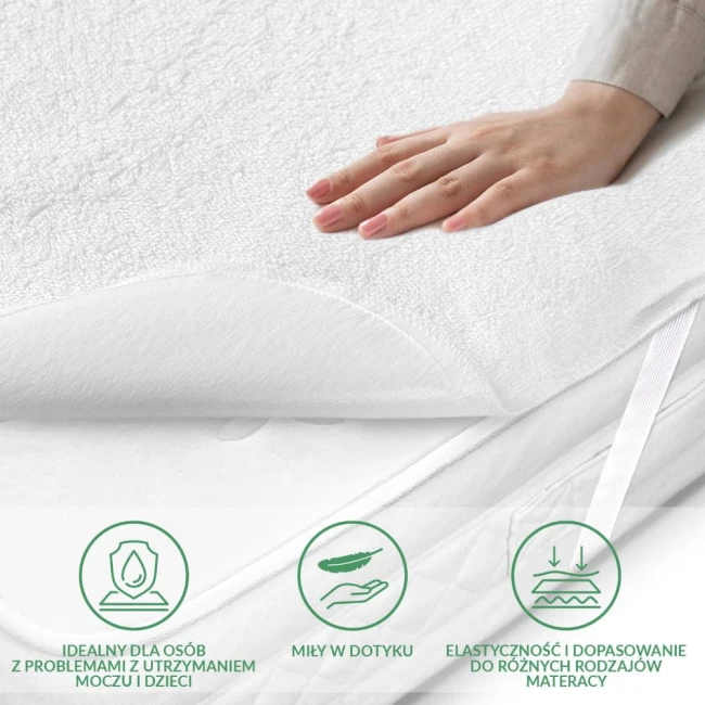 Ochraniacz na materac 180x200 cm w kolorze białym, z miękką, teksturowaną powierzchnią. Ujęcie z boku, ręka kładzie się na materiale. Widoczne elastyczne boki, które ułatwiają dopasowanie do różnych typów materacy. Tło w jasnym odcieniu, proste.