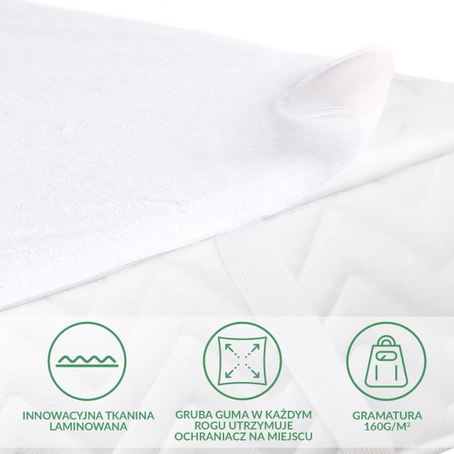 Ochraniacz na materac 160x200 w kolorze białym, wykonany z innowacyjnej tkaniny laminowanej. Ujęcie z boku, widoczna gruba guma w każdym rogu.