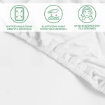 Ochronne prześcieradło z gumką 80x200 cm w kolorze białym, z widoczną elastyczną gumą obszukującą dookoła, leżące na jednolitym tle. Materiał jest gładki i przyjemny w dotyku, idealny do użytku w sypialni.