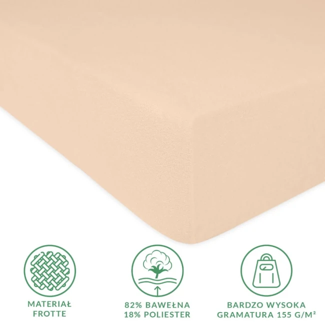 Prześcieradło frotte z gumką w kolorze róż perłowy, rozmiar 140x200 cm, wykonane z 82% bawełny i 18% poliestru. Widoczna faktura frotte oraz wzmocnione krawędzie.