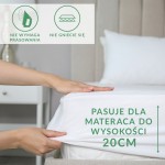 Prześcieradło frotte z gumką w kolorze białym, rozłożone na materacu, z tekstem informującym o dopasowaniu do wysokości 20 cm. Ujęcie pokazuje dłoń zakładającą prześcieradło, co podkreśla łatwość użytkowania.