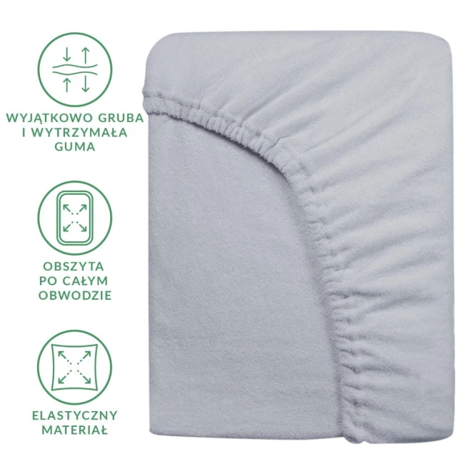Prześcieradło frotte z gumką 120x200 w kolorze popielatym, leżące na gładkim tle. Widoczna elastyczna guma obszyta wokół brzegu, zapewniająca stabilne dopasowanie. Materiał miękki, teksturowany, idealny do łóżek o standardowym rozmiarze.