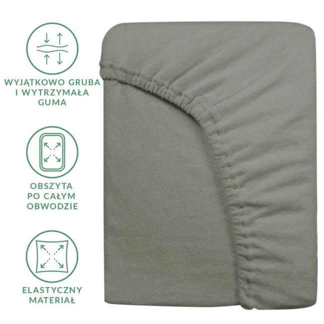 Prześcieradło frotte z gumką 140x200 w kolorze szarym, wykonane z elastycznego materiału, rozłożone na płasko. Widziane z przodu, z zauważalnym obszyciem po całym obwodzie i wytrzymałą gumą zapewniającą dopasowanie.