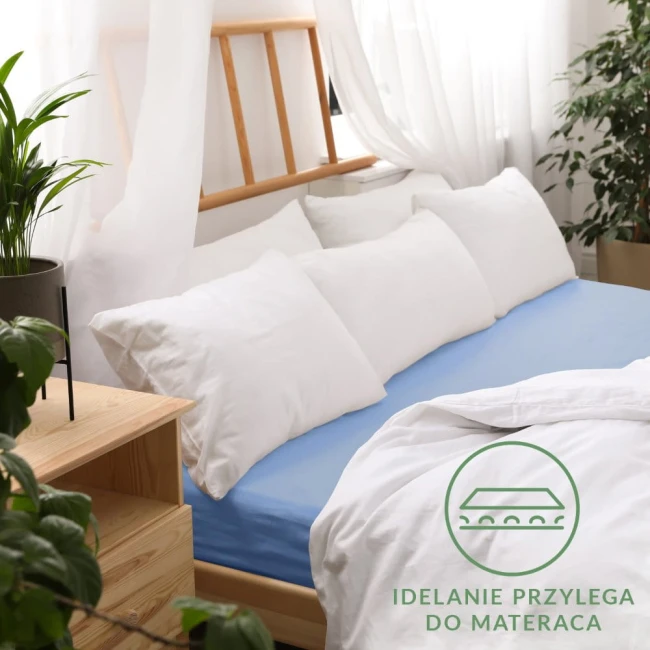 Niebieskie prześcieradło jersey z gumką w rozmiarze 120x200, leżące na łóżku, z białymi poduszkami w tle. Ujęcie z boku, ukazujące materiał oraz fakturę prześcieradła. Na tle drewniane elementy i roślinność. Widoczna grafika informacyjna.