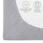 Prześcieradło jersey z gumką 160x200 w kolorze popielatym, z bliska na krawędzi. Widoczna gruba, elastyczna guma na całym obwodzie, materiał o teksturze dzianiny. Na białym tle widać napisy informacyjne dotyczące gumy.