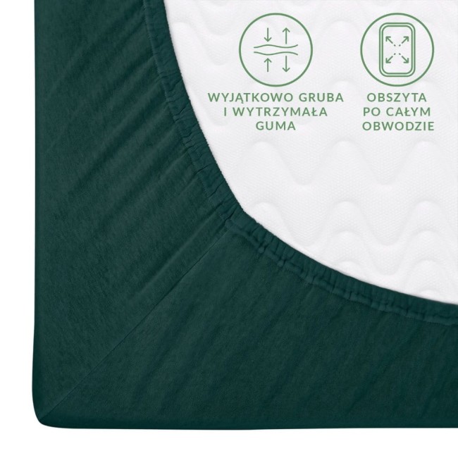 Zielone prześcieradło jersey z gumką 140x200. Widoczna gruba i wytrzymała guma obszyta po całym obwodzie. Tkanina ma gładką fakturę, a kolor to butelkowa zieleń. Ujęcie z boku, pokazujące detale materiału i elastyczność gumy.