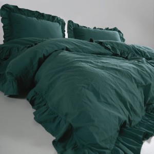 Pościel bawełniana z falbanką 160x200 Stonewashed Exclusive, Dark Green, zieleń butelkowa