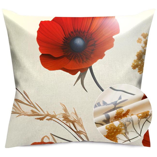 Poszewka satynowa 40x40 cm w odcieniu kremowym z motywem polnych czerwonych kwiatów. Ujęcie frontalne, produkt leży na gładkim tle. Zbliżenie na fakturę materiału, uwidaczniające detale wzoru i kolorów. Idealna do dekoracji wnętrz.