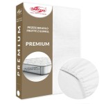 Prześcieradło frotte z gumką 90x200 w kolorze białym, z pakowaniem. Produkt rozłożony, z gumką, pasujący do materaca o wysokości do 25 cm. Na opakowaniu widoczny napis PREMIUM oraz graficzny detal przedstawiający materac. Tło białe.