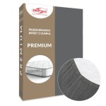 Prześcieradło jersey z gumką o wymiarach 90x200 cm w kolorze szarym, pakowane w kartonowe opakowanie. Na zdjęciu widoczny detal gumki oraz zbliżenie na krawędź prześcieradła. Przeznaczone do materacy o wysokości do 25 cm.