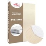 Jasno beżowe prześcieradło jersey z gumką 120x200, prezentowane na szarym tle, z bliska ukazuje teksturę materiału oraz elastyczną krawędź. Widoczne jest logo marki DARYmex i informacja, że pasuje na materac o wysokości do 25 cm.