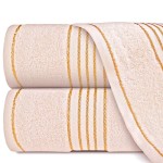 Ręcznik do rąk 30x50 cm w kolorze kremowym, wykonany z bawełny o gramaturze 500 g/m². Na brzegach bordiura w złote paski. Złożony, ukazujący fakturę materiału. Tło jasne, neutralne.