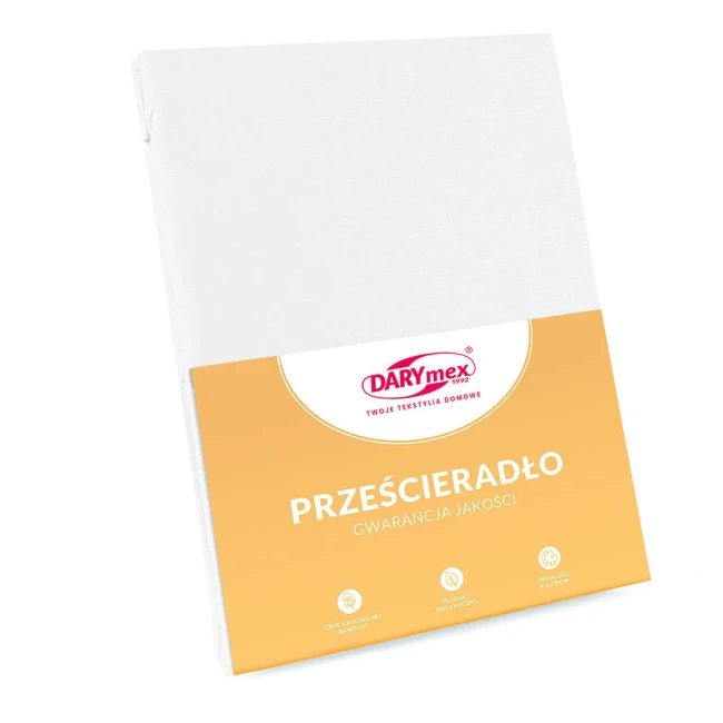 Prześcieradło bawełniane w białym kolorze, rozmiar 200x220 cm, z dodatkowym 5 cm po bokach. Produkt leżący na białym tle, z widoczną etykietą z logo DARYmex. Etykieta zawiera informacje o jakości oraz cechach ekologicznych.