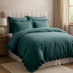 Pościel bawełniana z falbanką 220x200 Stonewashed Exclusive, Dark Green, zieleń butelkowa