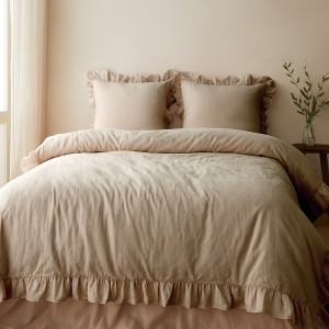 Pościel bawełniana z falbanką 160x200 Stonewashed Exclusive, Oxfordtan, beżowa