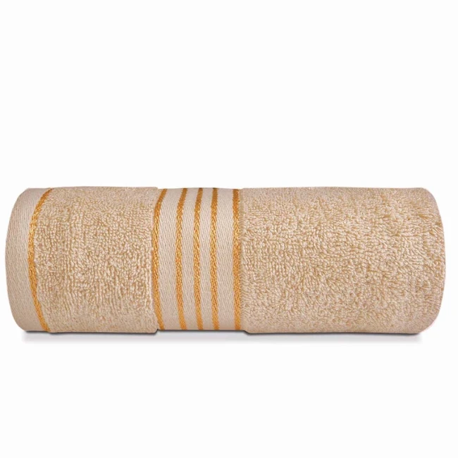 Komplet ręczników z bawełny w eco pudełku beżowy i butelkowa zieleń z bordiurą w złote paski 500 g/m2 TIWANO 4 kpl.