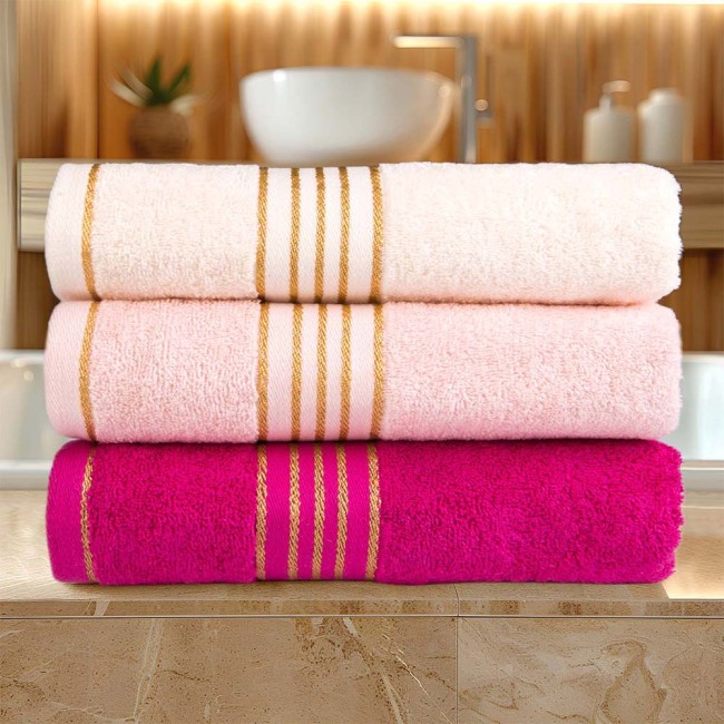 Komplet ręczników z bawełny w eco pudełku jasny szary i różowy z bordiurą w złote paski 500 g/m2 TIWANO 4 kpl.