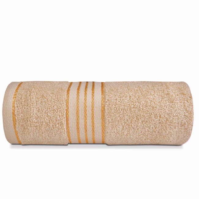 Komplet ręczników z bawełny w eco pudełku beżowy i butelkowa zieleń z bordiurą w złote paski 500 g/m2 TIWANO 6 kpl.