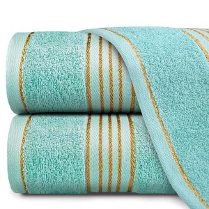Komplet ręczników z bawełny w eco pudełku krem i jasny turkus z bordiurą w złote paski 500 g/m2 TIWANO 6 kpl.