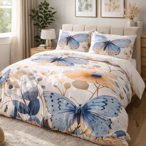 Pościel satyna bawełniana 160x200 Satynlove Premium kremowa z niebieskimi motylami