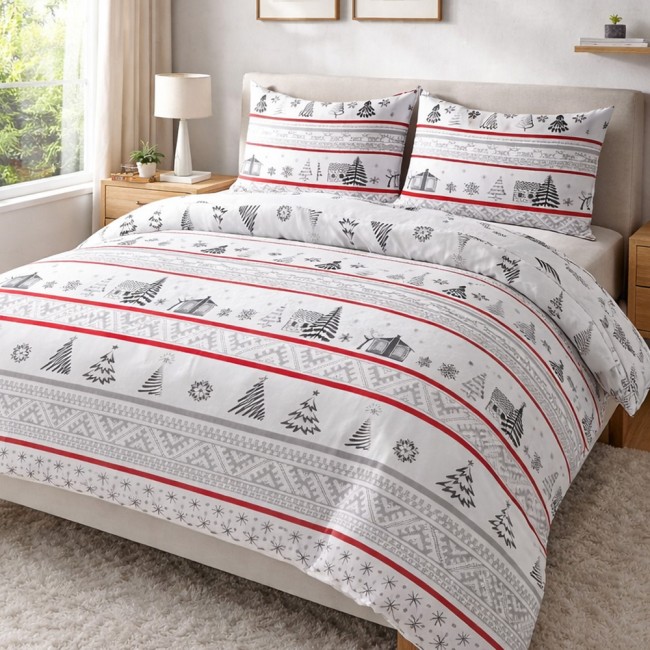 Ciepła i miękka pościel ze 100% bawełny, flanela w rozmiarze 160x200 cm w świąteczny wzór chatki i choinek na białym tle 
