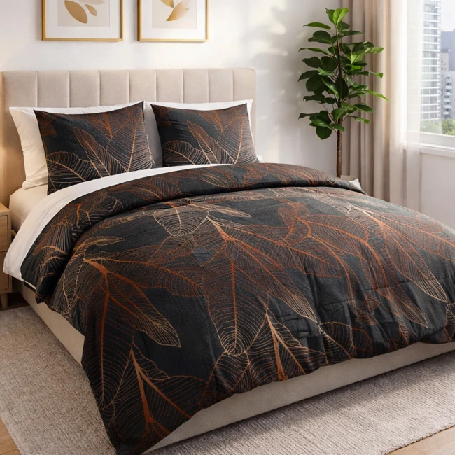  Elegancki liściasty wzór na ciemno szarym tle 160x200 cm, z kolekcji Cottonlove 