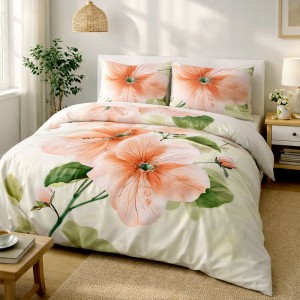 Pościel satyna bawełniana 180x200 Camellia kremowa w pomarańczowe kwiaty, Satynlove Premium