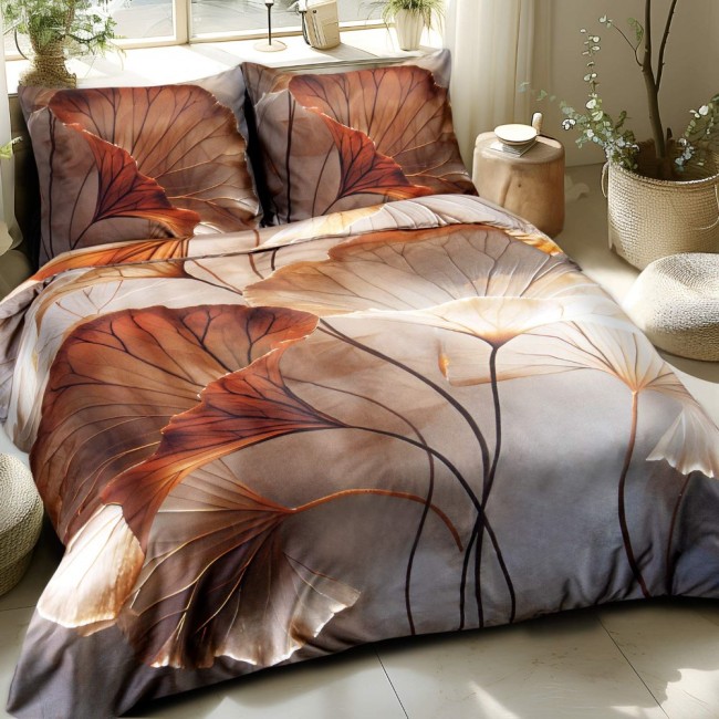  Nowoczesna i elegancka pościel satynowa w rozmiarze 220x240 cm + 2x poszewki na poduszkę 50x70 cm w kolorze beżowym i brązowym w ozdobne liście 
