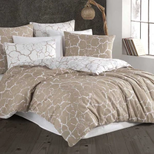 Pościel bawełniana 200x220 Mercer Beige beżowa i biała w dekoracyjny wzór, Cottonlove Exclusive