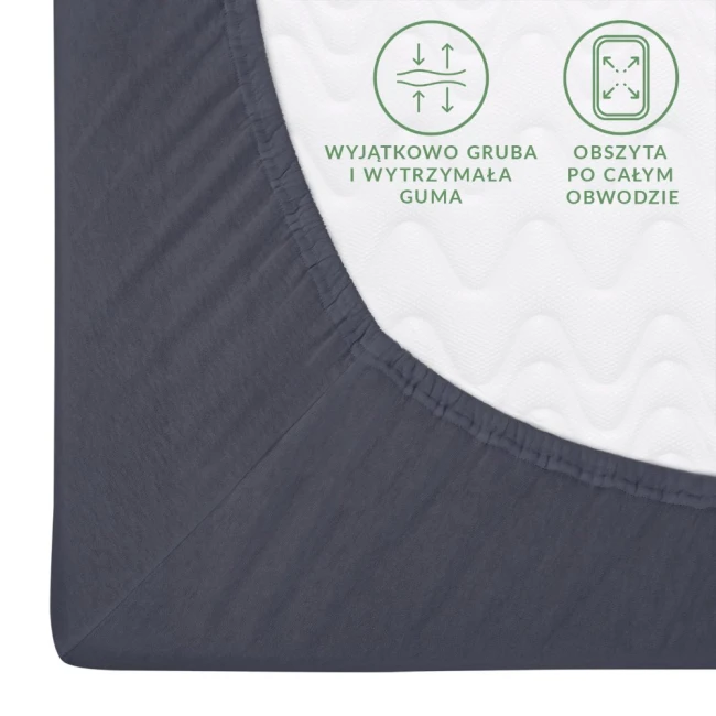 Prześcieradło jersey z gumką w kolorze antracytowym, w rozmiarze 80x160, z wyjątkowo grubą i wytrzymałą gumą, obszyte po całym obwodzie. Ujęcie z boku, ukazujące detal gumy i teksturę materiału. Tło jasne, neutralne.