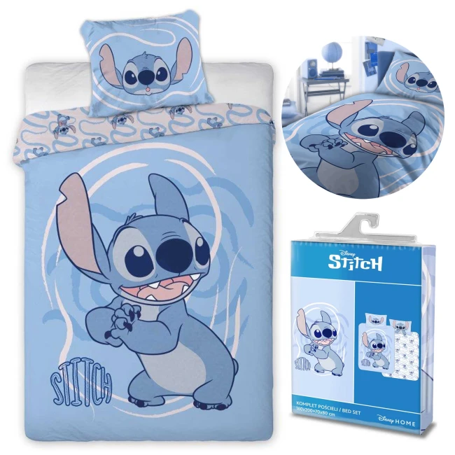  Jasnoniebieska pościel Lilo i Stitch z dużą grafiką Stitcha, białymi ozdobnymi liniami 